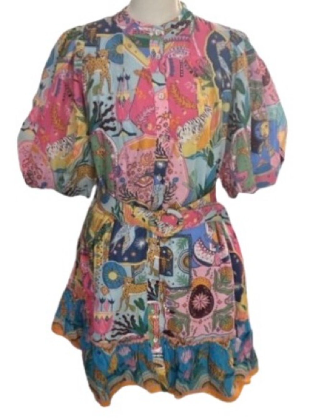 NWT J. Marie Sloane Tiger Bird Sun Moon 100% Cotton Dress Designer Puffy Sleeve